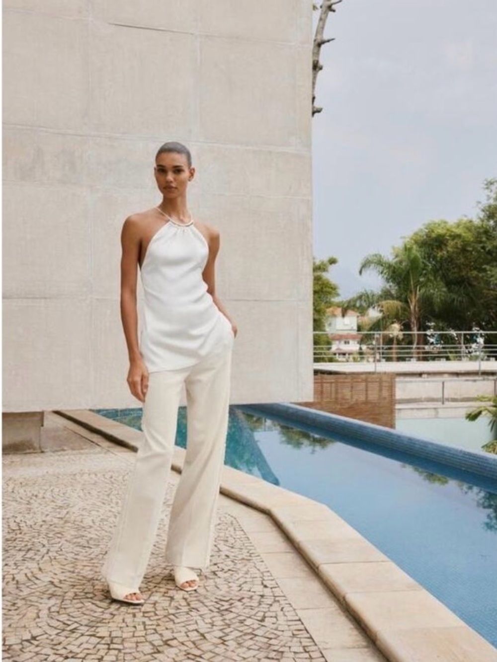 Zara Satin Asymmetric White Halter Top With Gold Collar 3201/399/251